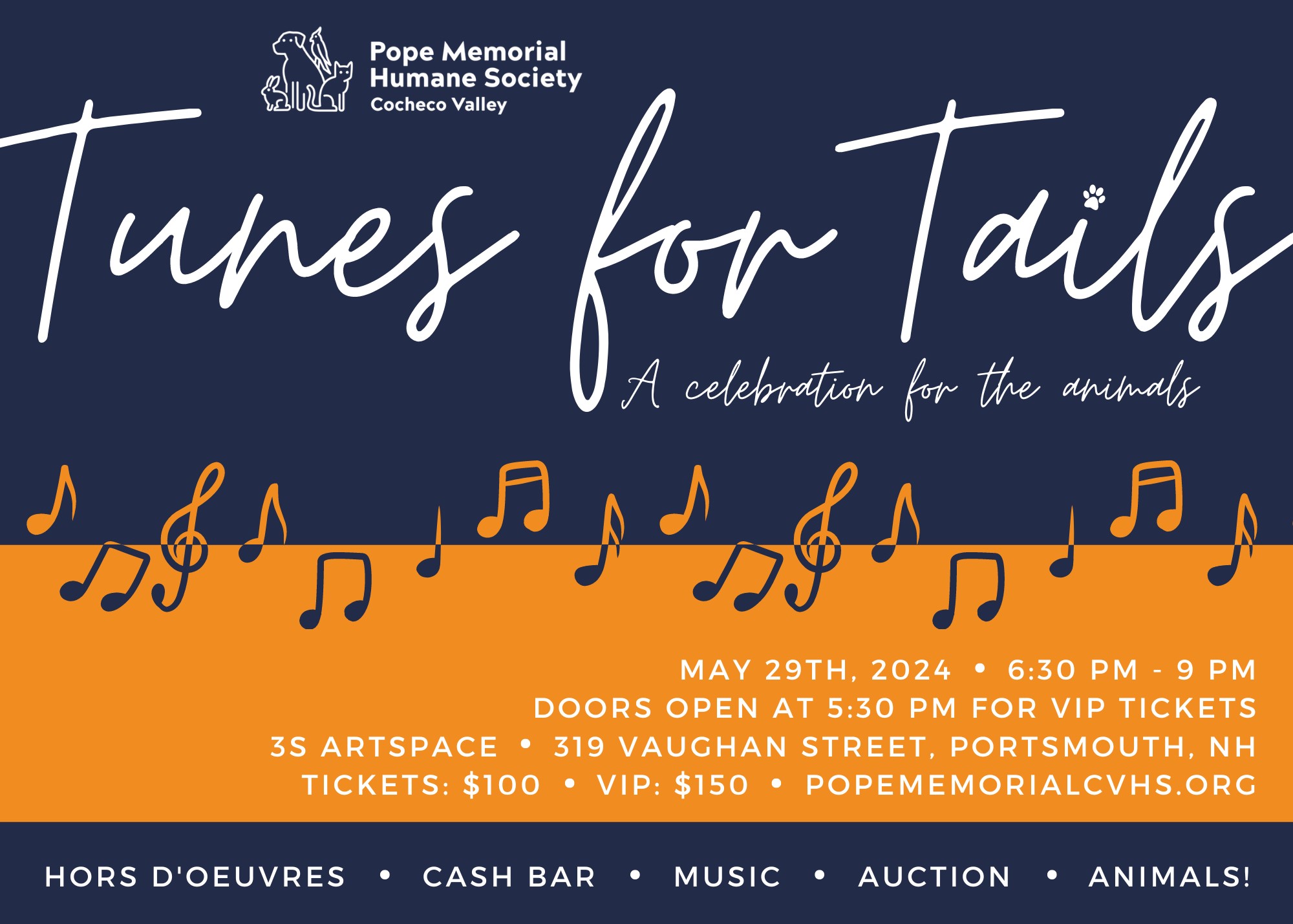Invitation to a Tunes for Tails event for Pope Memorial Humane Society - Cocheco Valley