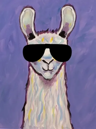 Painting of a llama wearing sunglasses with a purple background