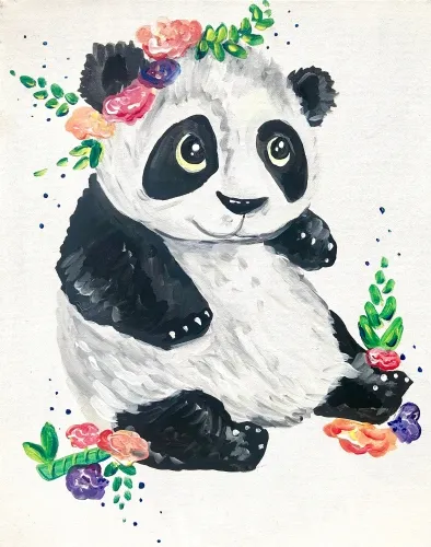 Painting of a panda sitting with flowers on its head and by its feet.