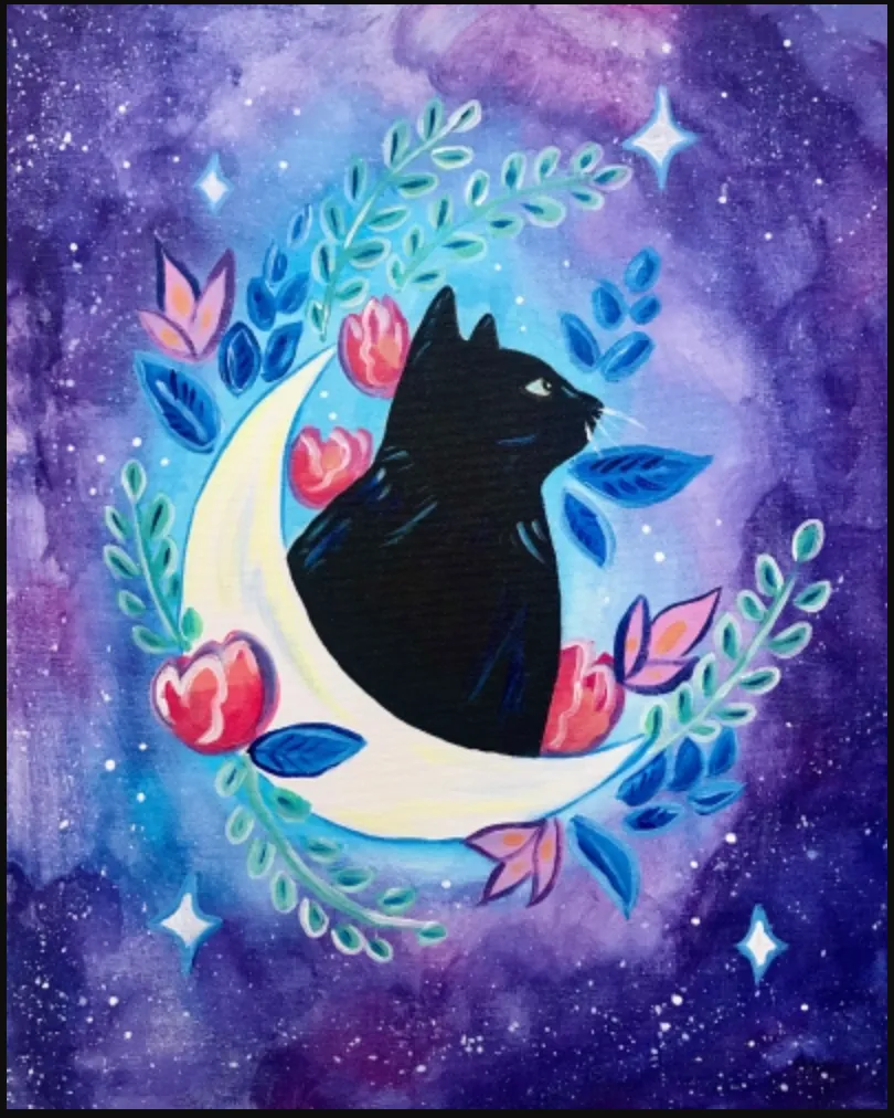 Painting of a black cat sitting in a crescent moon, surrounded by pink flowers, with a blue and purple background.